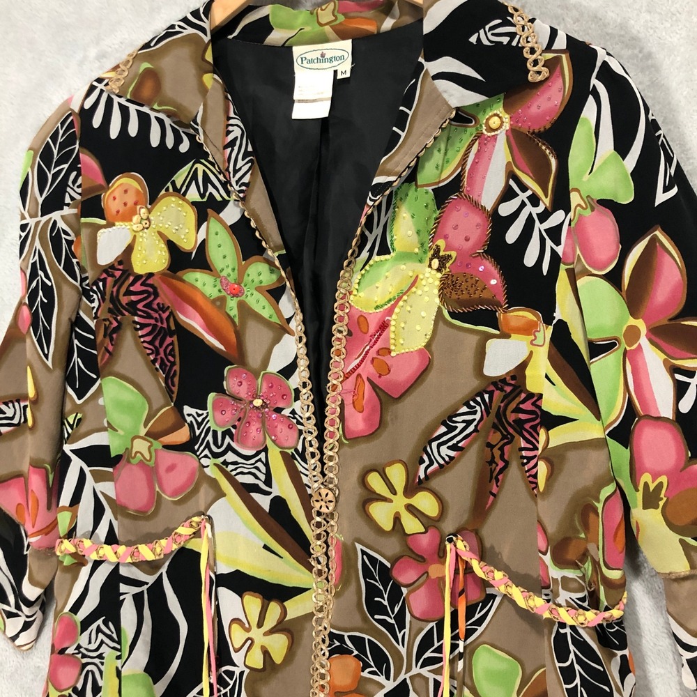 Patchington Floral‎ Silk Jacket Beaded Embellished Open Front Blazer M